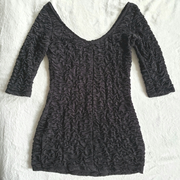 90s Micro Mini Black Rouched Dress Off The Shoulder - Picture 5 of 14
